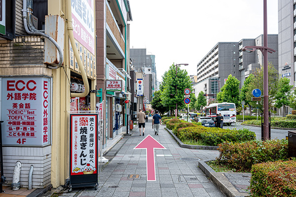 道路の左側をしばらく道なりに進んでください。